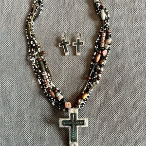 Multicolor Beaded Cross Necklace and Earring Set